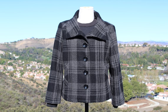 80s Black Grey Plaid Wool Peacoat (Vintage / 80s) - image 1