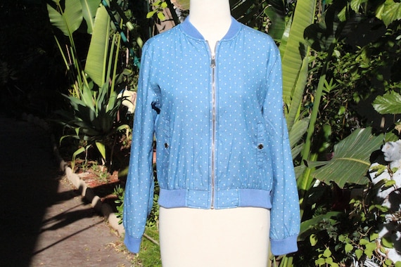 Blue cotton bomber jacket deals