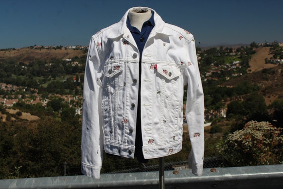 RARE White Levi's Rose Embroidery Denim Trucker Jacket XXS