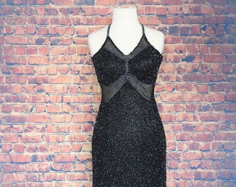 100% Silk 70s Long Black Beaded Dress (Vintage / 70s / Interlude of California)