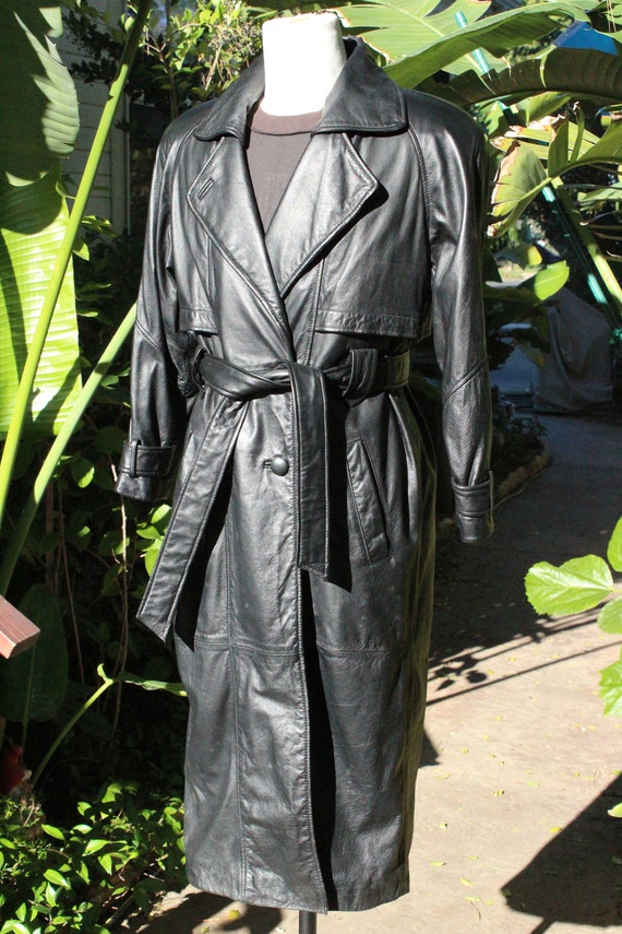 Long Vintage Wilsons 80s Black Leather Trench Coa… - image 3