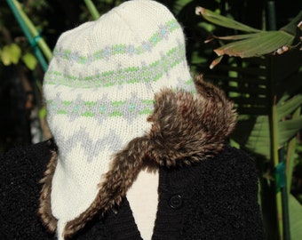 White / Grey Angora Blend Winter Ski Hat with Faux Fur and Strings (Vintage / 80s)