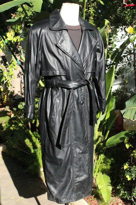 Long Vintage Wilsons 80s Black Leather Trench Coa… - image 2