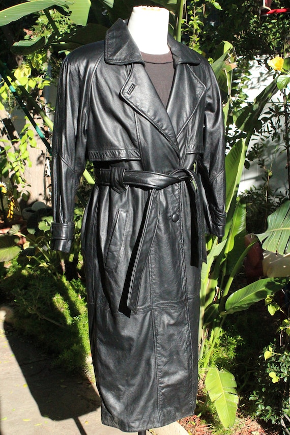 Long Vintage Wilsons 80s Black Leather Trench Coa… - image 2