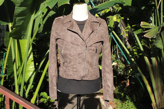 Fringe Chocolate Brown Faux Suede Motorcycle Jacke
