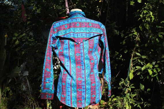 Vintage 60s Blue Patterned Cotton Western Cowboy … - image 6