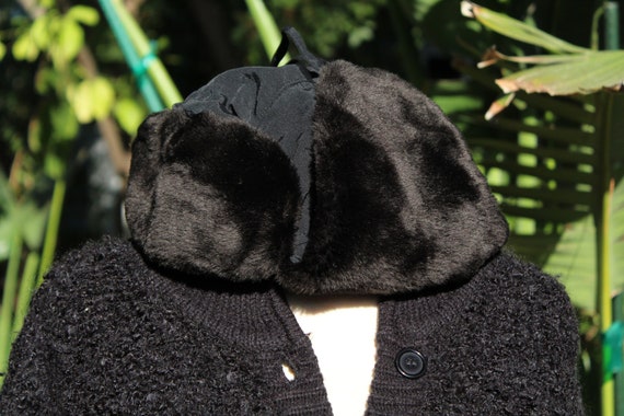 Black Nylon Winter Hat w Black Faux Fur Lining (V… - image 3