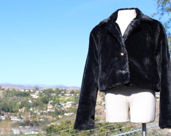 Kids Vegan Black Fur Jacket with Heart Buttons (Vintage / 90s)