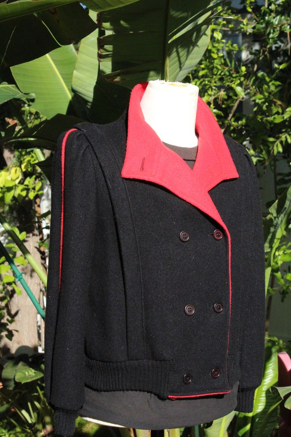 80s Black and Red Wool Womens Jacket w Knit Cuffs… - image 2