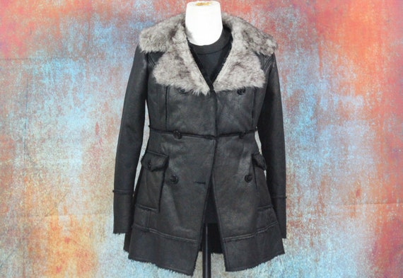 Black Vegan Shearling Double Breasted Coat with S… - image 1