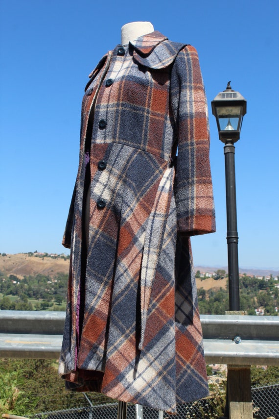 RARE 70s Long Blue White Orange Plaid Long Trench… - image 6