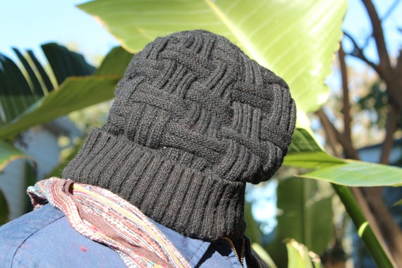 Black Cross Stitch Knit Beanie Faux Fur Lined (Vi… - image 3