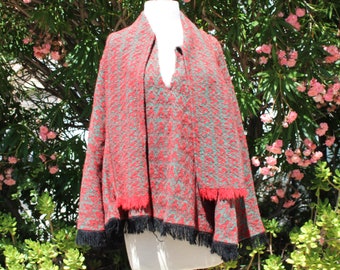 Pull cape en laine mélangée rouge/vert avec écharpe intégrée (vintage/années 80)