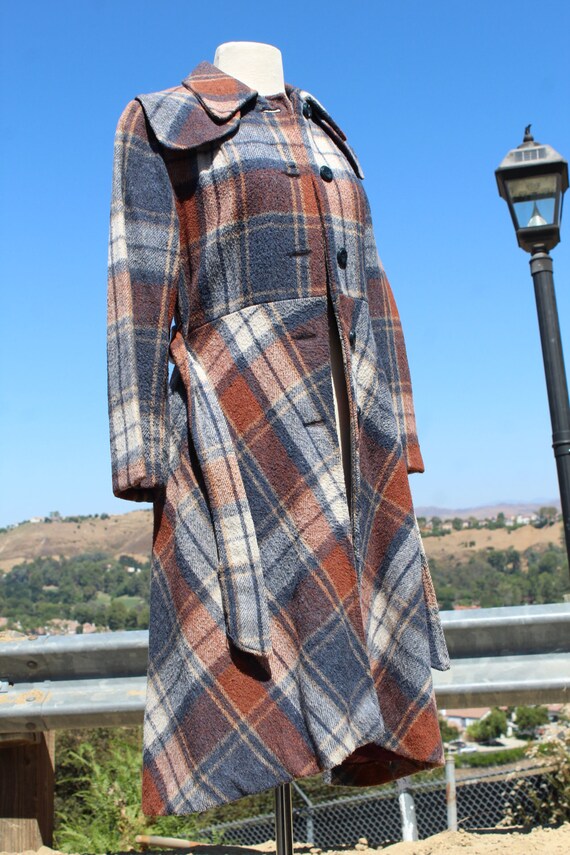 RARE 70s Long Blue White Orange Plaid Long Trench… - image 3