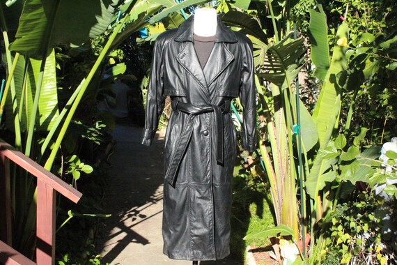 Long Vintage Wilsons 80s Black Leather Trench Coa… - image 1