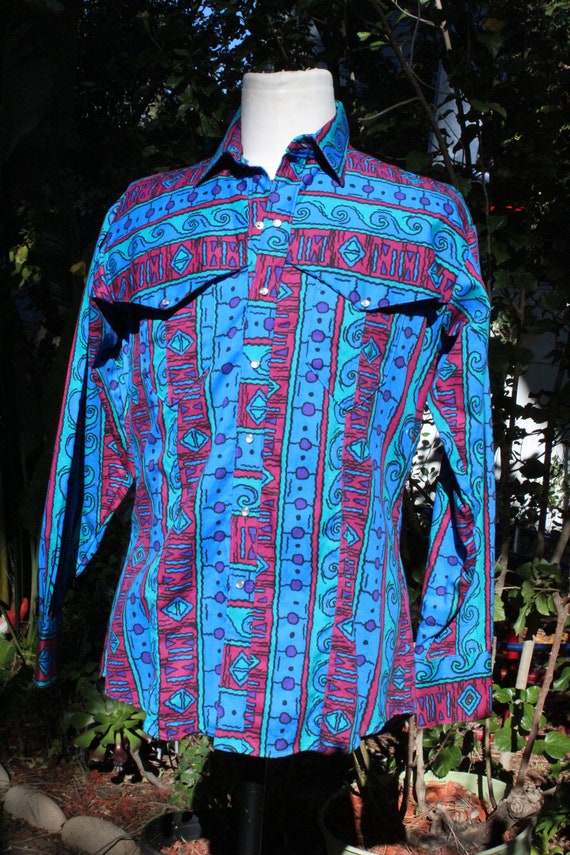 Vintage 60s Blue Patterned Cotton Western Cowboy … - image 4