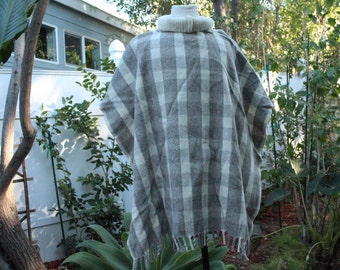 Poncho vintage en laine blanc/gris avec col (vintage/années 70)