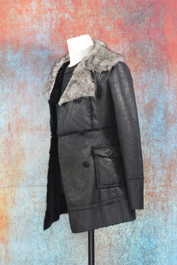 Black Vegan Shearling Double Breasted Coat with S… - image 3