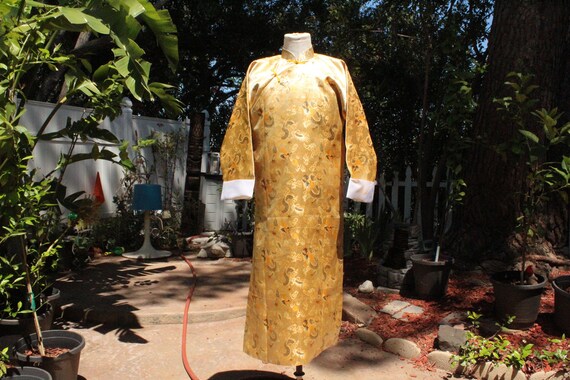 Golden Dragon Shiny Changshen Kimono Robe (Vintag… - image 1