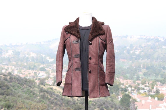 Brown Nubuck Leather Sheep Wool Jacket vintage 70s Knight