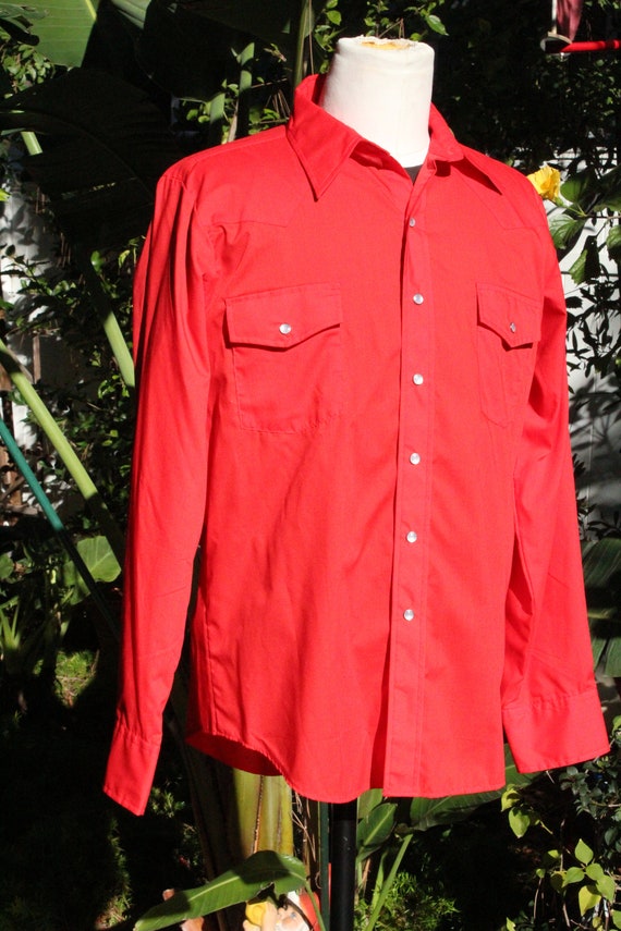 Vintage 60s Bright Red Western Cowboy Shirt NOS M… - image 8