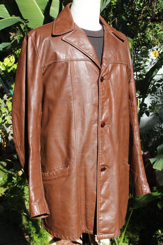 Long Vintage 70s Brown Leather Sears Jacket w/ Re… - image 2