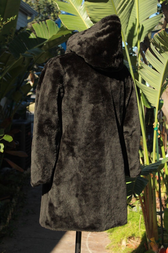 70s Black Faux Fur Hooded Coat w Reversible Brown… - image 4