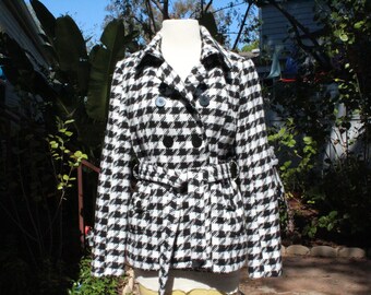 Vintage White Black Herringbone Double Breasted Wool Blend Coat w Belt (Vintage / 80s)