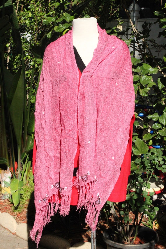 Pink Linen Lightweight Scarf w Sequin Flowers (Vi… - image 2