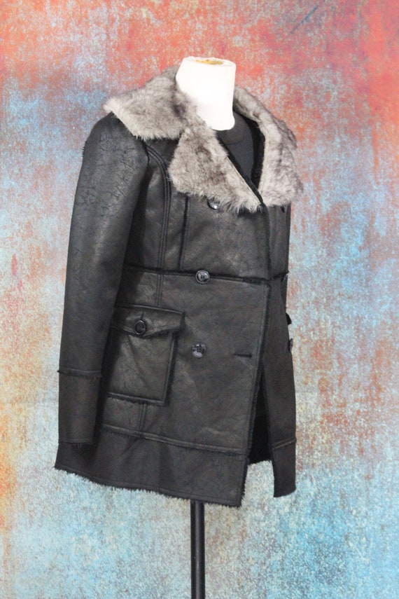 Black Vegan Shearling Double Breasted Coat with S… - image 2