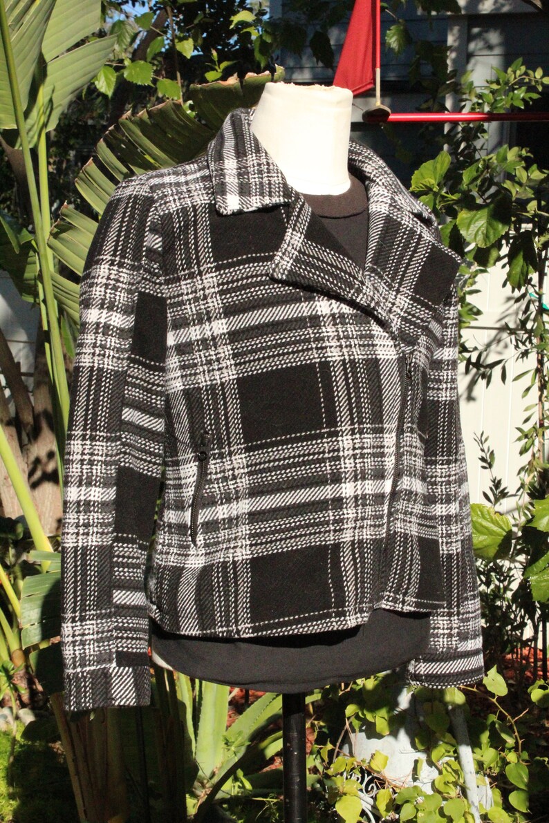 Vintage 80s Black Grey Stripped Wool Blend Motorcycle Jacket