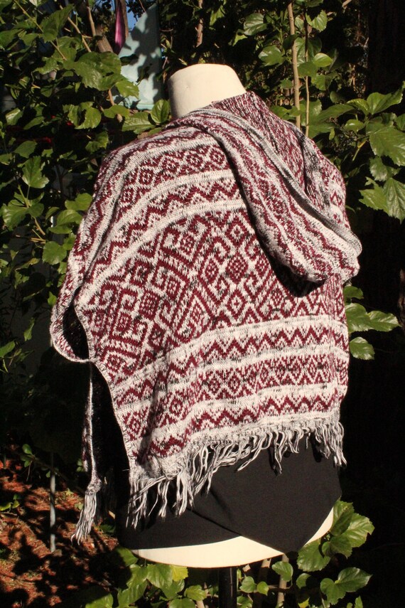 Shorty Red / White Cotton Blend Hooded Poncho w/ … - image 4