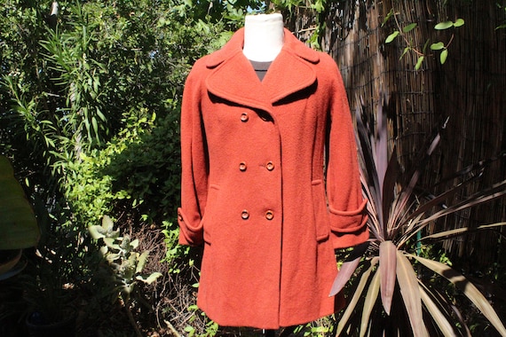 60s Pink Salmon Wool Double Breasted Trench Coat … - image 1