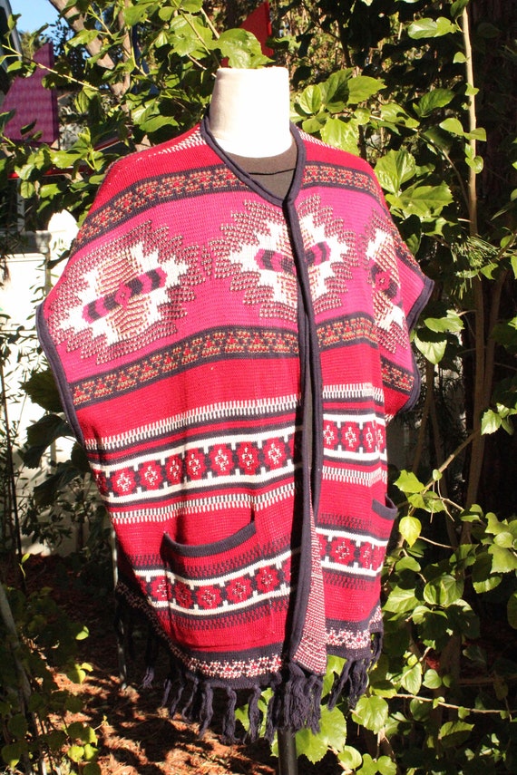 Red Aztec Print Poncho w/ Pockets and Fringe (Vin… - image 4