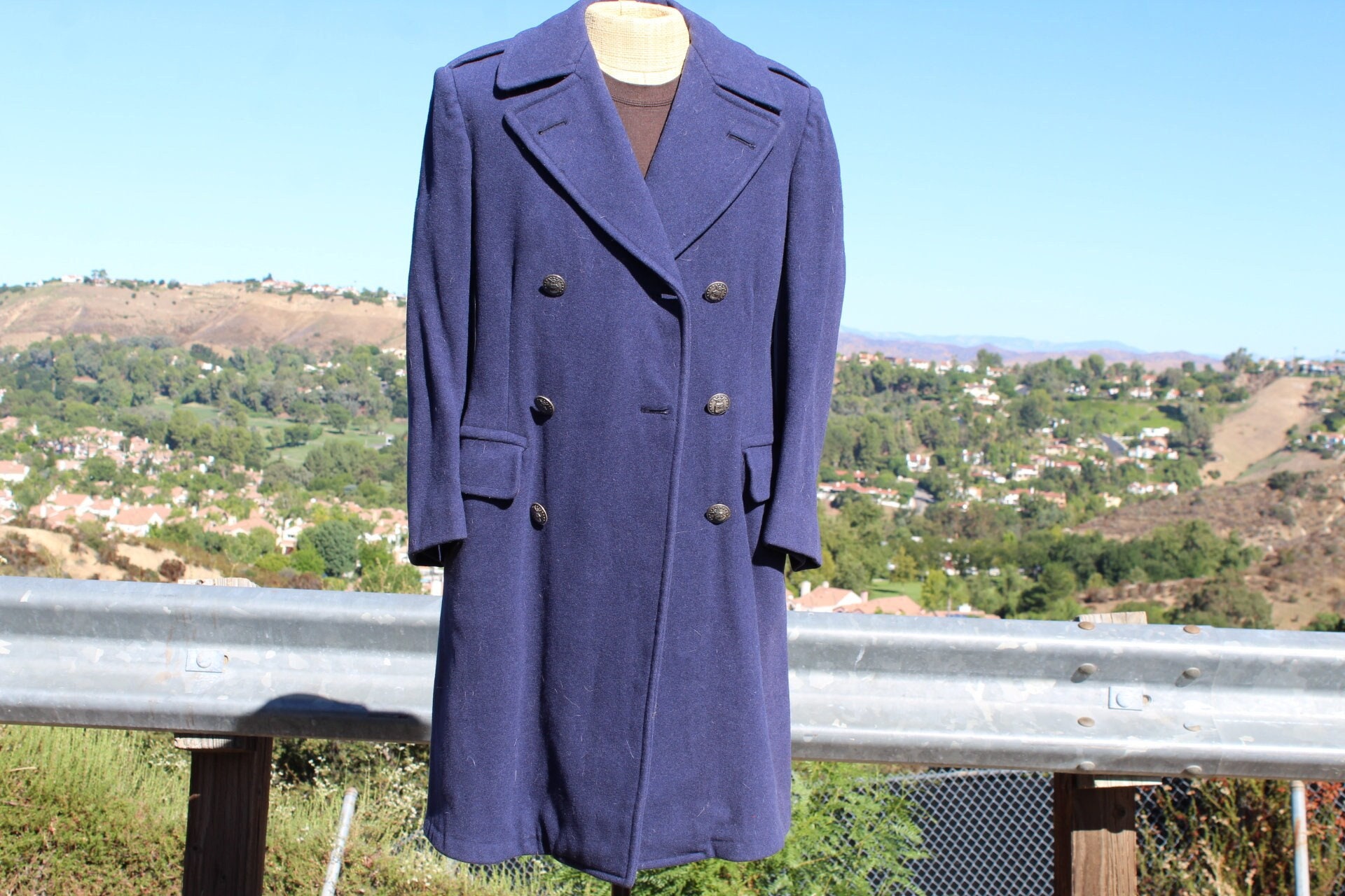 Long 50s Blue Wool Air Force Double Breasted Trench Coat 35 R
