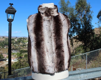 Brown White Striped Vegan Fur Vest w Hidden Hooks (Vintage / 80s)