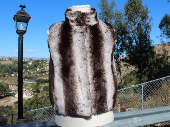 Brown White Striped Vegan Fur Vest w Hidden Hooks… - image 1