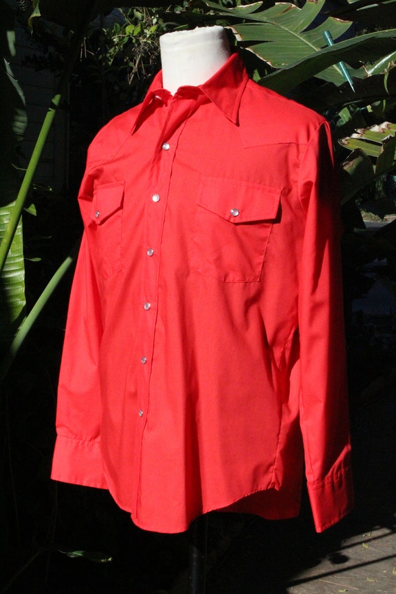 Vintage 60s Bright Red Western Cowboy Shirt NOS M… - image 9