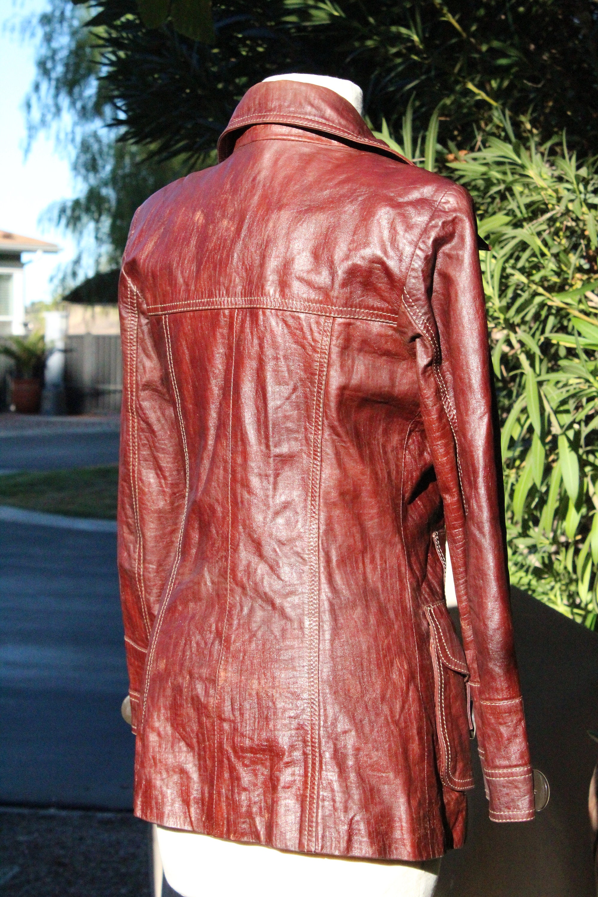 RARE Vtg 70s Dolce & Gabbana Brown Leather Coat W Unique Buttons
