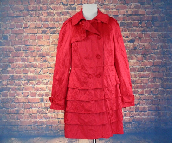 Red Shiny Ruffle Double Breasted Overcoat (Vintage