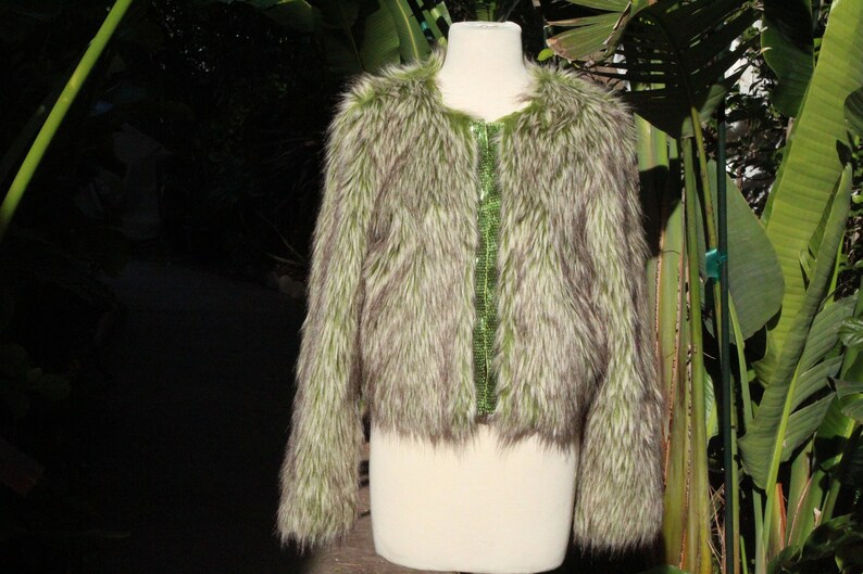 RARE Vintage Green Faux Fur Jacket w Beaded Closure Vintage / 80s image 1