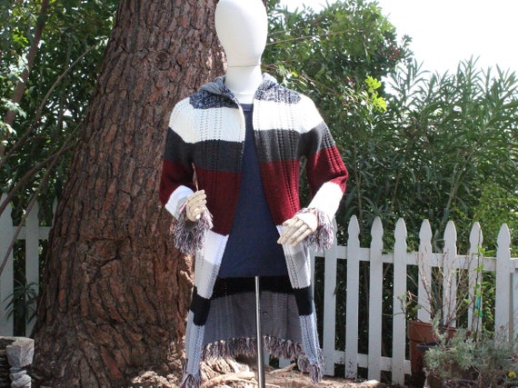 Long White Red Grey Hooded Sweater w Fringe (Vinta