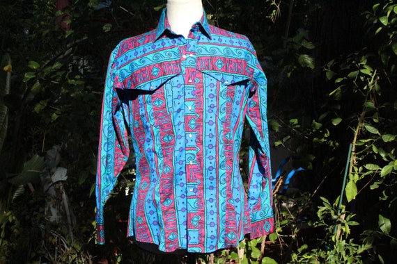 Vintage 60s Blue Patterned Cotton Western Cowboy … - image 1