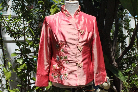 Pink Shiny Flower Cheongsam Jacket (Vintage / 80s) - image 1