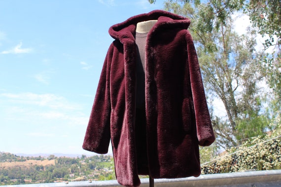 Deep Purple Faux Fur Hooded Coat M (Vintage / 90s… - image 1