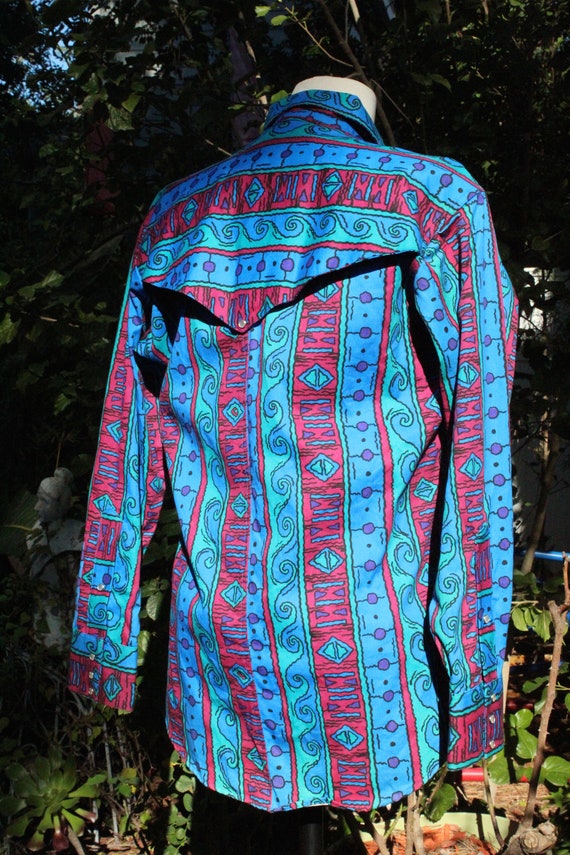 Vintage 60s Blue Patterned Cotton Western Cowboy … - image 8