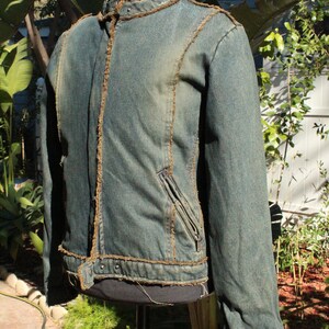 Blue Denim Motorcycle Jacket w Brown Shearling Lining Vintage / 80s image 3