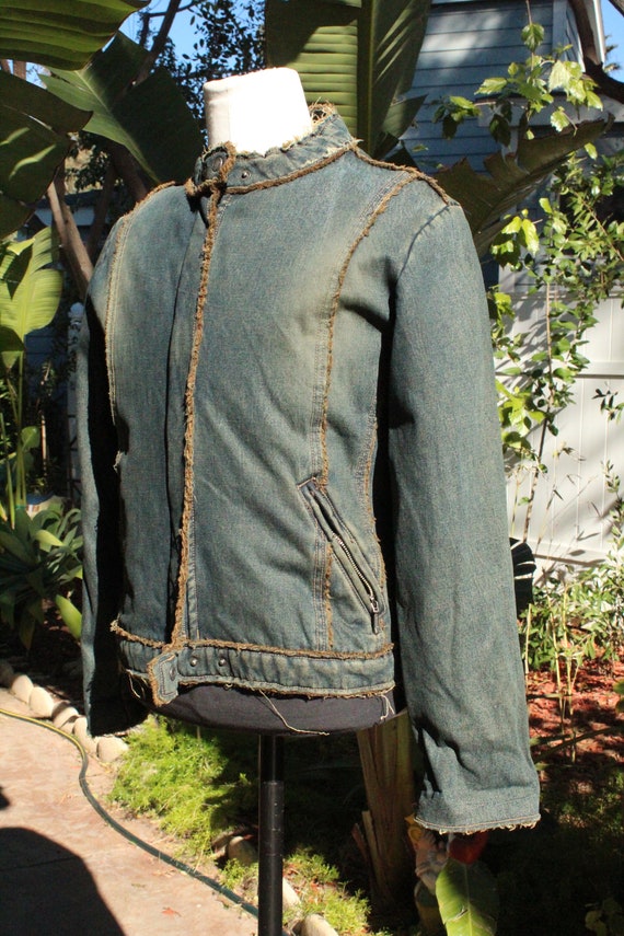 Blue Denim Motorcycle Jacket w Brown Shearling Li… - image 3