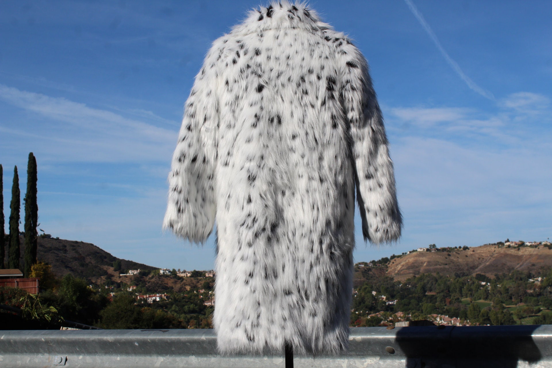 Long White and Black Dalmatian Faux Fur Coat Large Hook and Eyes