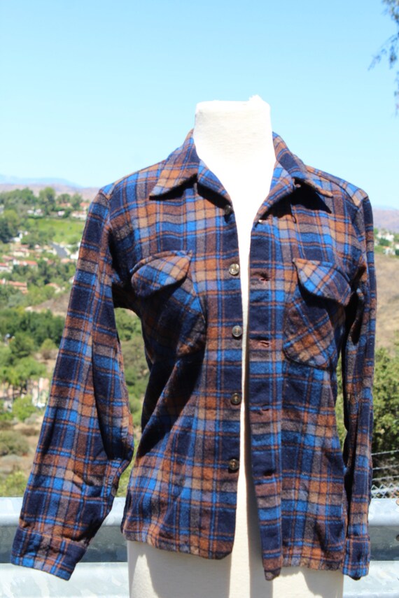 Vintage 60s Wool Pendleton Blue / Orange Plaid Me… - image 2